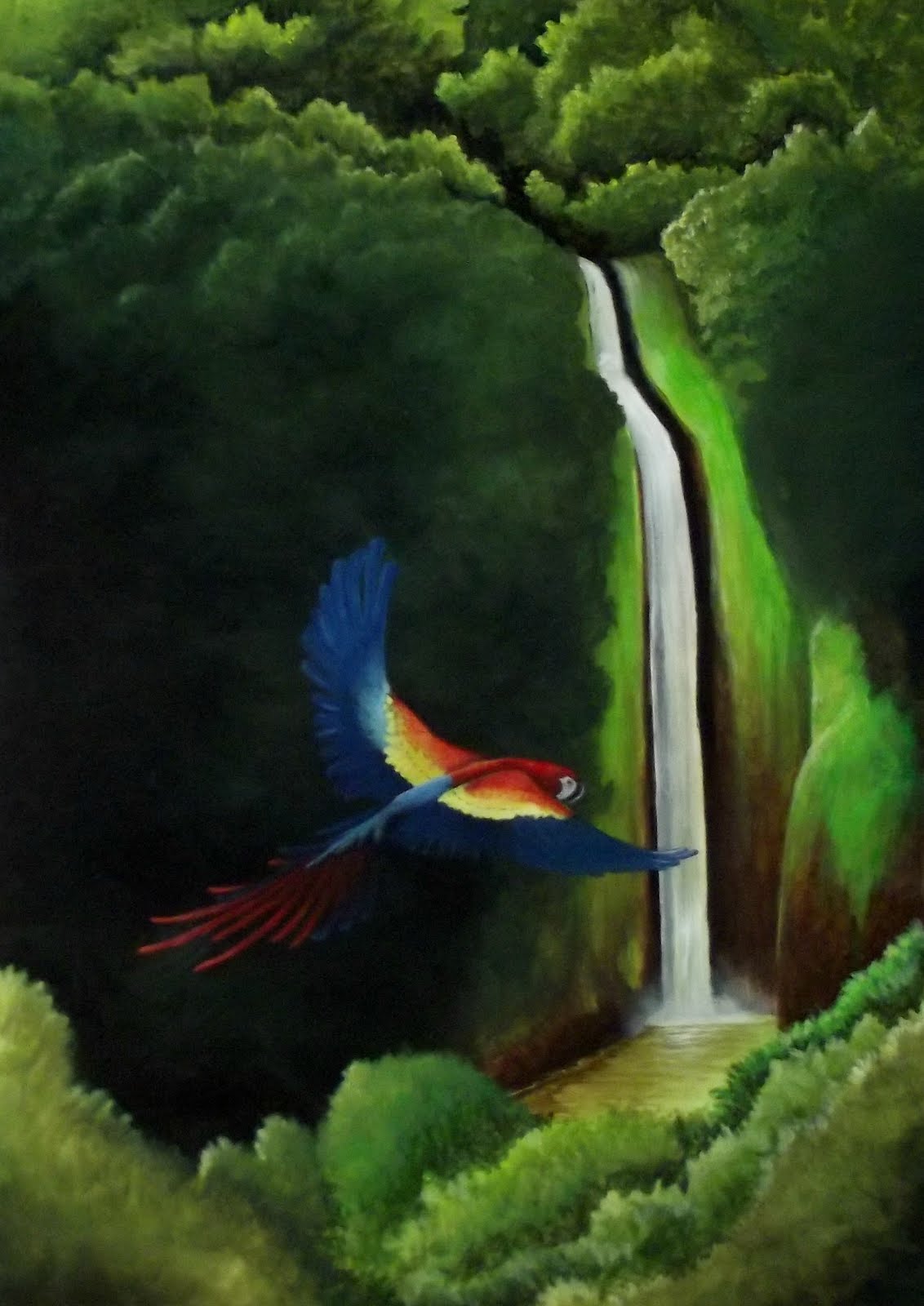Picture of Jungle and Rainforest Art of Costa Rica: The Macaw and the Waterfall ...