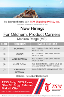 Urgent job hiring for Filipino seaman crew deployment october-november 2018