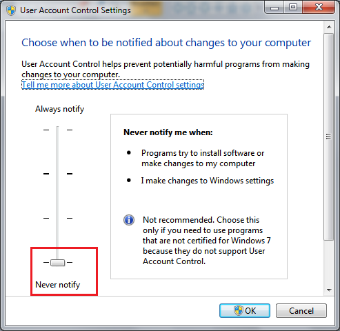 uac enable hints library setting never level warn note