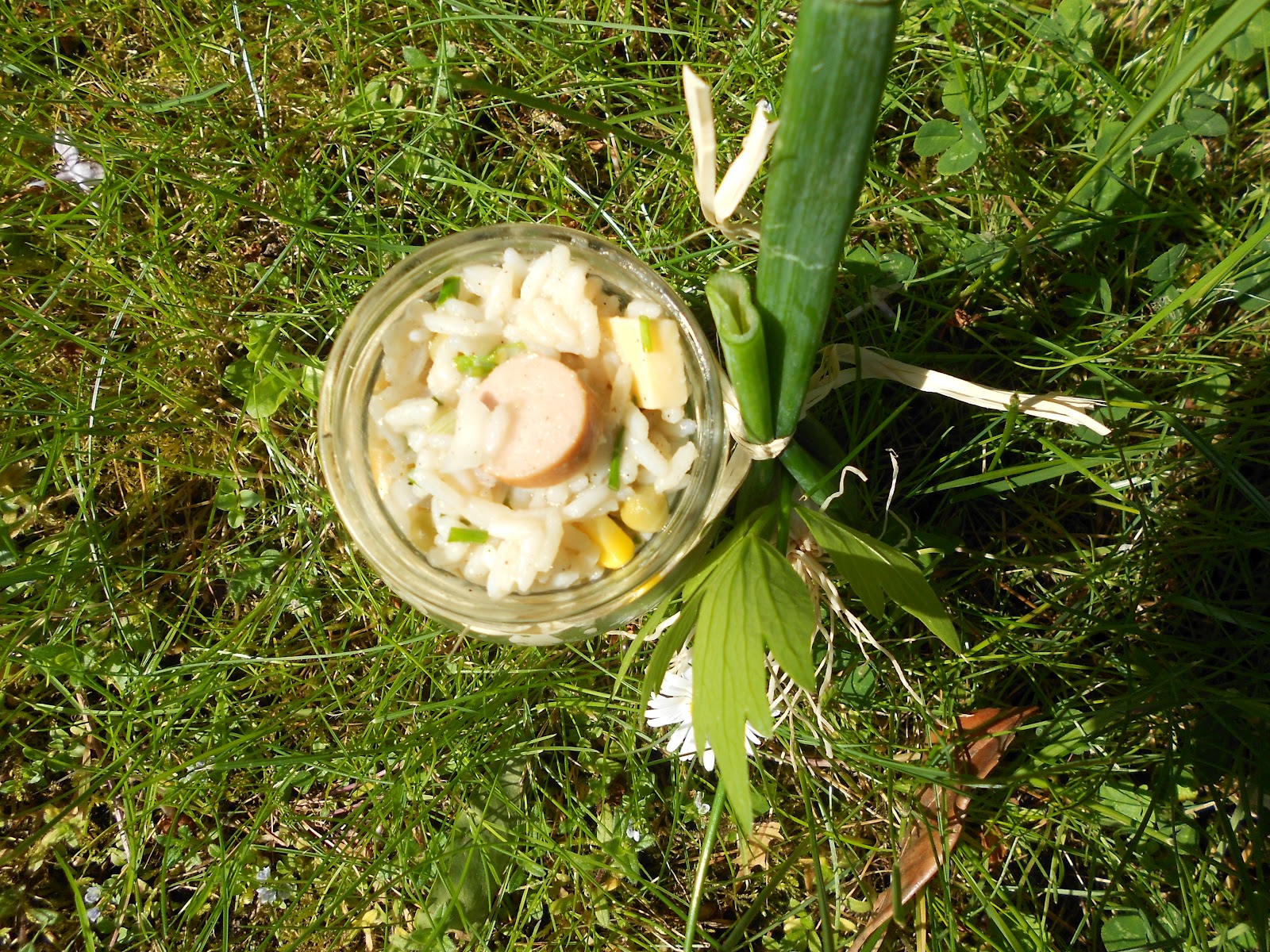 Verboten gut ⚠: Reisalat mit Käse, Wienerwürstchen &amp; Kräutern im Glas