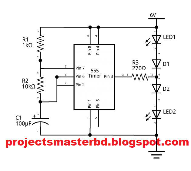 Dual Led Flasher Circuit Using 555 Timer