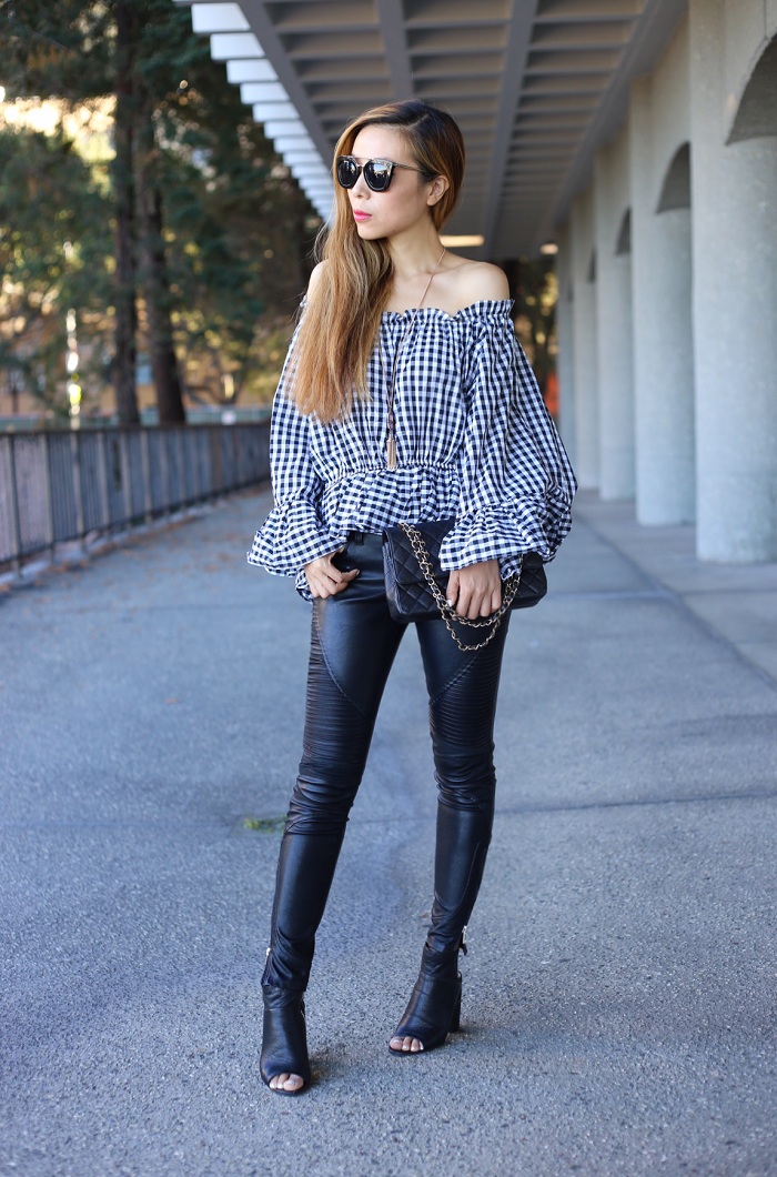 Chicwish ruffled off shoulder top, blank denim faux leather pants, dolce vita porter booties, chanel bag, kendra scott necklace, street style, nyc blogger