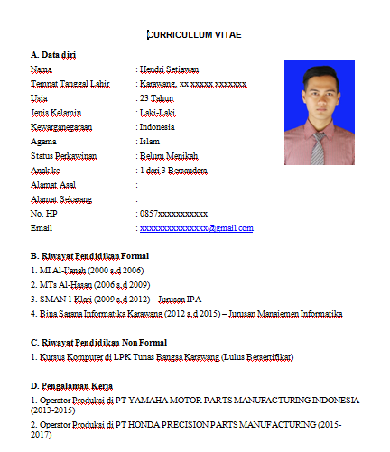 Contoh CV (Curriculum Vitae) Lamaran Kerja Untuk SMA/SMK 