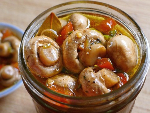 Mushroom pickle in glass jar