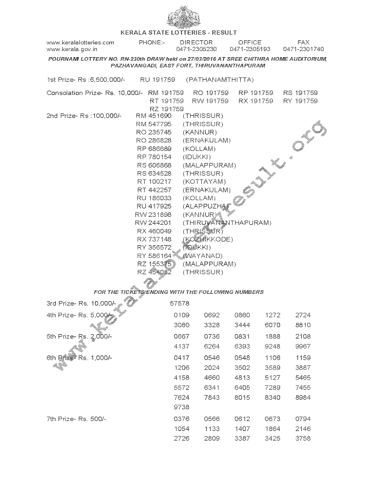 POURNAMI Lottery RN 230 Result 27-3-2016