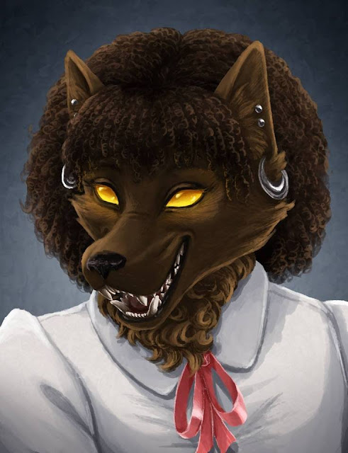 a werewolf dressed up with earrings and fancy clothes