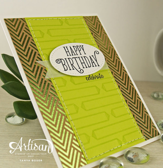 Geometric, repetitive stamping in Lemon Lime Twist, and the fabulous Foil Frenzy designer series paper really make this birthday card special! Stampin' Up has really put together a wonderful suite with the Happy Birthday Gorgeous stamp set and the Happy Birthday thinlit. Tanya Boser for the Artisan Design Team