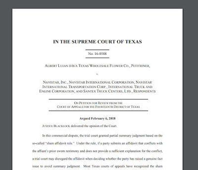  Lujan v. Navistar, Inc., 61 Tex. Sup. Ct. J. 982, 2018 WL 1974473 (Apr. 27, 2018) Texas Supreme Court Sham Affidavit Opinion (Tex. April 27, 2018)