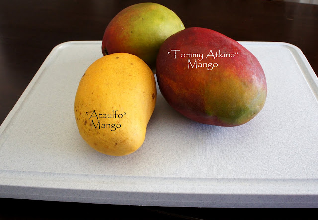 Three mangos displayed on a cutting board labeled with the type of mango each is