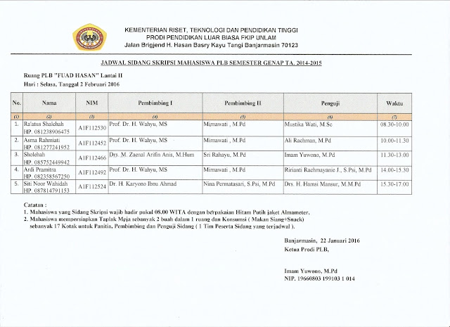 PLB FKIP UNLAM: Jadwal Sidang 26-27 Januari 2015