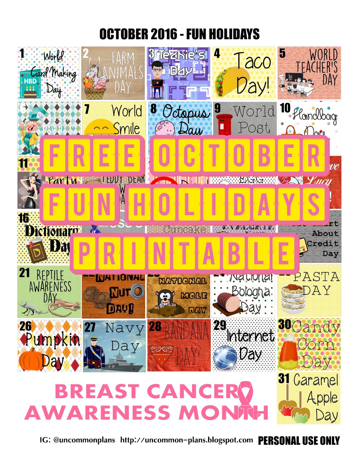 Uncommon Plans: FREE Printable: October Fun Holidays