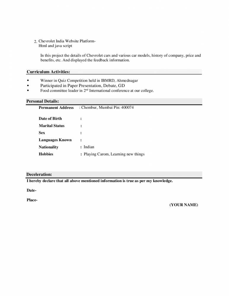 mca experience resume format free download