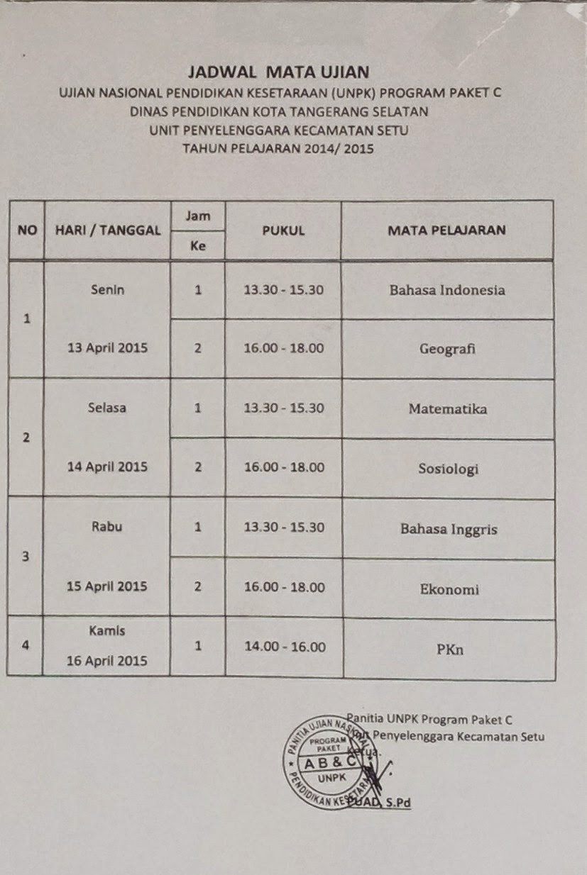 Jadwal Ujian Nasional Kesetaraan Sekolah Paket A B C