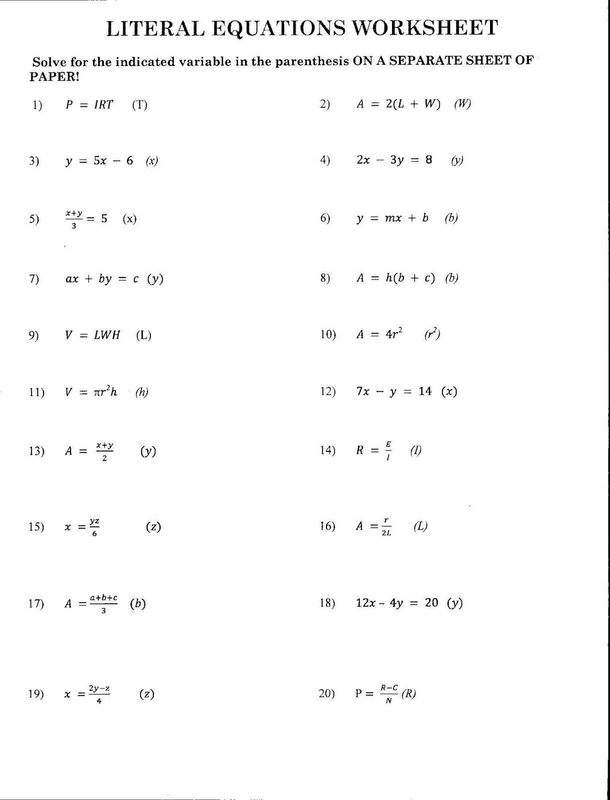 literal equations worksheet For Solving Literal Equations Worksheet