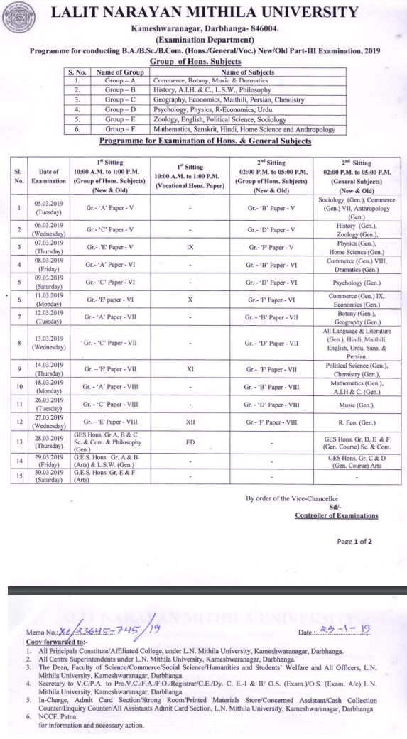 Darbhanga University Part 3 Exam Date 2019