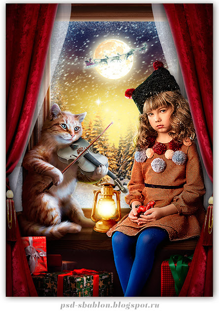 зимний коллаж кот на скрипке