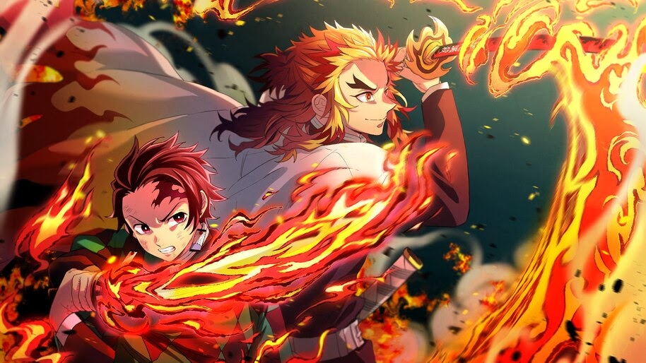 Tanjiro and Kyojuro Rengoku, Flames, Katana, Kimetsu no Yaiba, 4K, #7.198