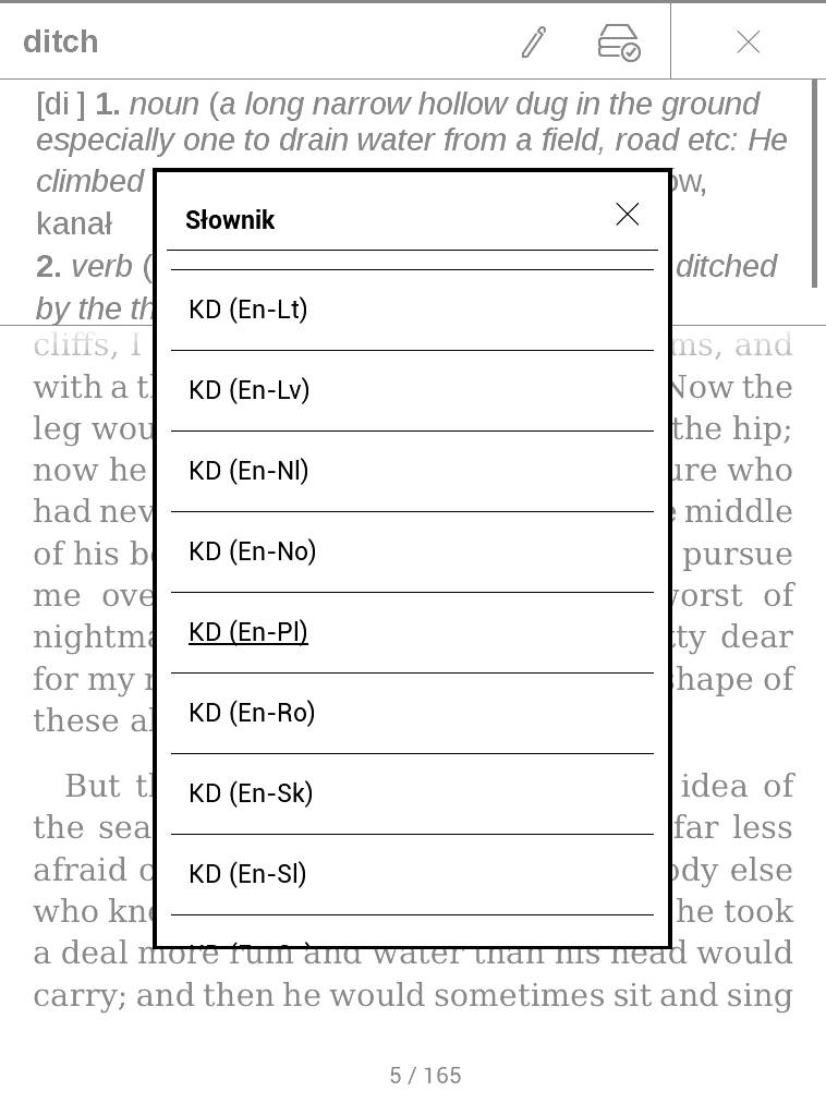 PocketBook Touch Lux 4 – fragment listy dostępnych słowników
