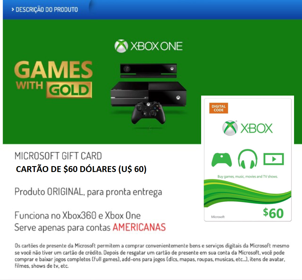 Gift Card Cartão 60 Dólares Xbox One E 360 Melhor Preço R 184