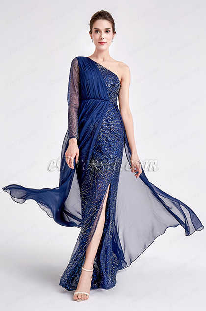 New Blue one Sleeve Sparkle Prom Evening Dress
