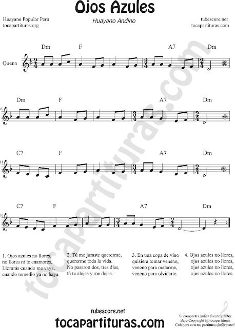  Quena  Partitura de Ojos Azules  Sheet Music for Quena Music Scores