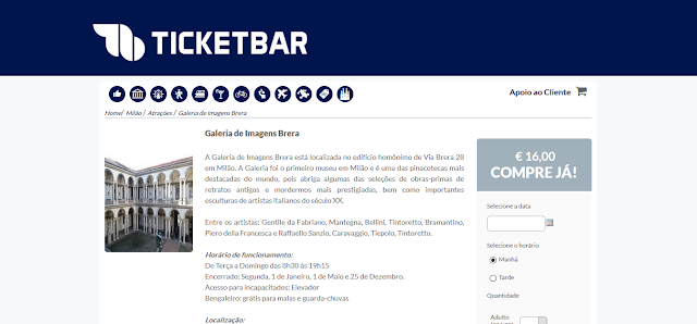 Ticketbar para ingressos para a Galeria de Imagens Brera em Milão