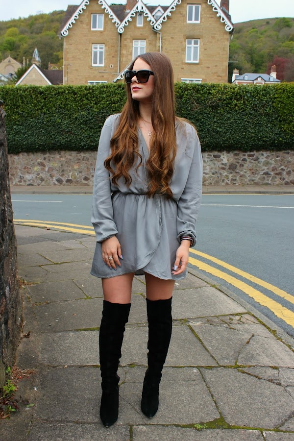 wrap dress with thigh high boots