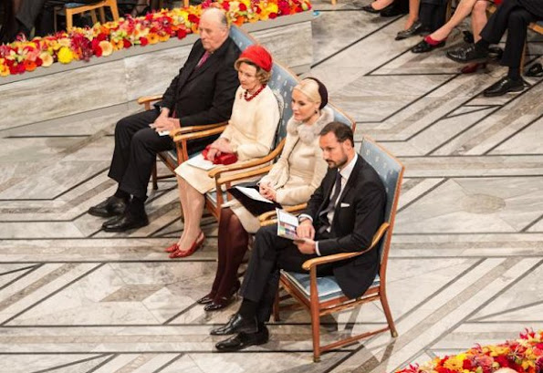 Queen Sonja, Princess Mette Marit, Prince Haakon attend the Nobel Peace Prize Ceremony 2012 at Oslo City Hall in Oslo
