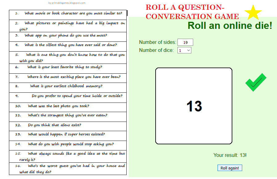Gry jezykoweprintable games ROLL A QUESTIONCONVERSATION GAME