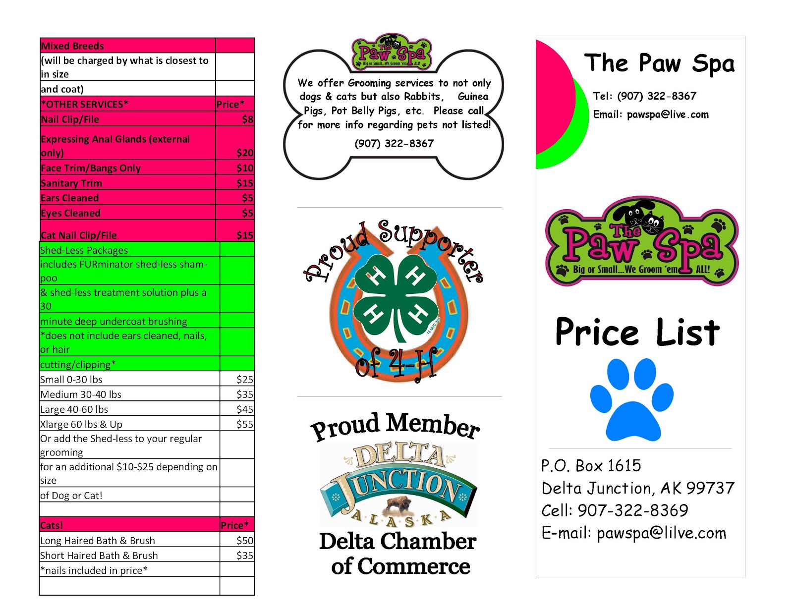 The Paw Spa Price List