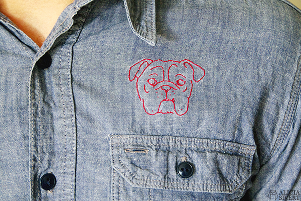 Bulldog embroidery on shirt, by Alicia Sivertsson.