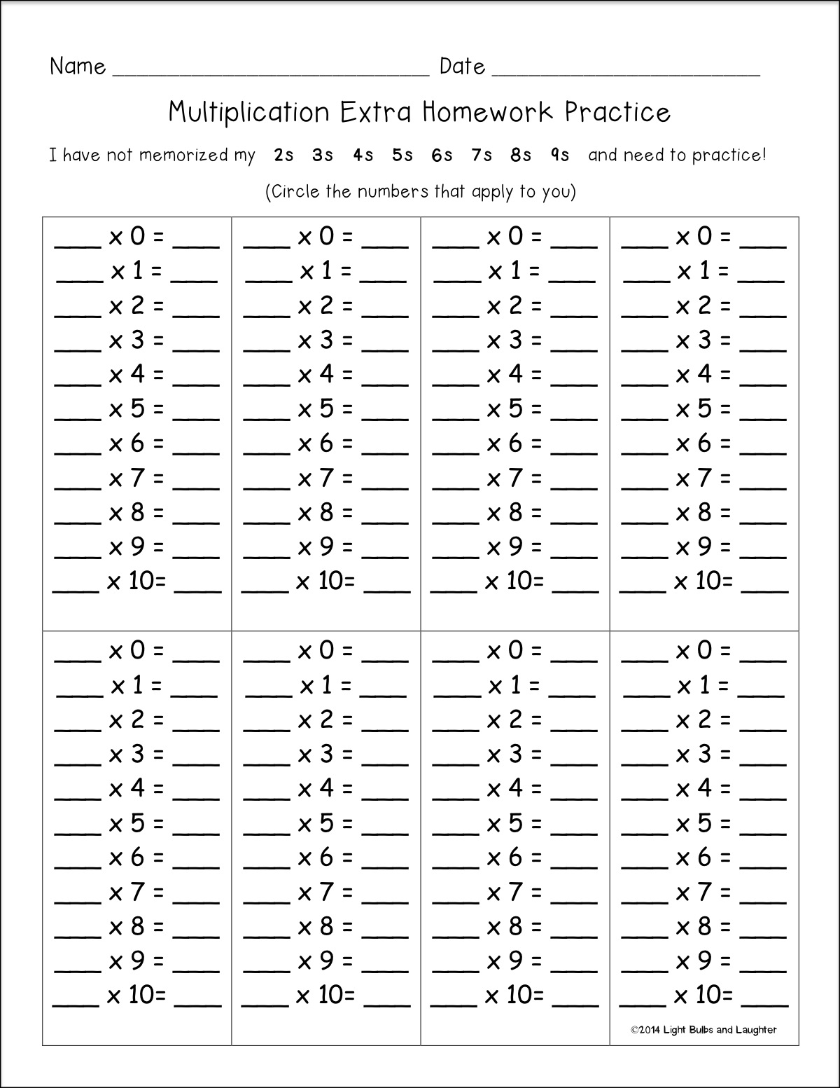 Multiplication Homework - Light Bulbs and Laughter Multiplication Tool Kit