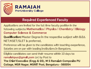 Jobs in Ramaiah Pre University Notification For Lecturer