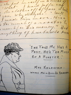 A sketch of an older woman in a hat with handwritten text.