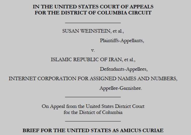 Screenshot from Weinstein et al v Iran et al - U.S. Amicus Curiae Brief filed in DC Circuit Court of Appeals