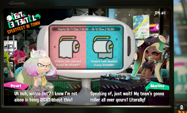 “Speaking of, just wait! My team's gonna roller all over yours! Literally!” Splatoon 2 Splatfest Europe toilet paper front back roll Marina team gonna roller all over yours