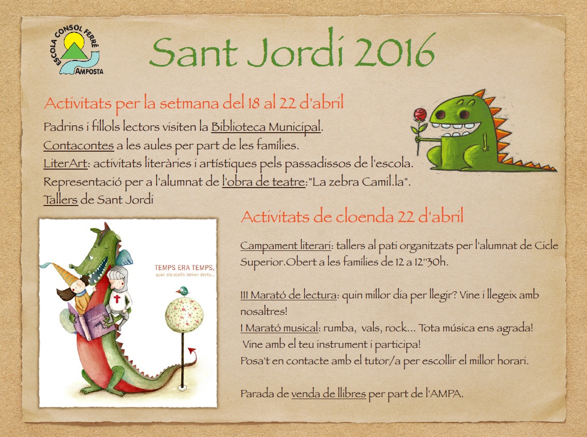 La Biblioteca del Consol Ferré: ACTIVITATS PER A LA SETMANA DE SANT JORDI