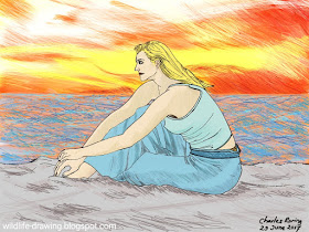 Figure drawing of a lady by the beach during sunset time