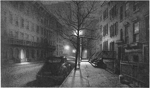 Stow Wengenroth 1947 Stow Wengenroth art 1947, a city street at night