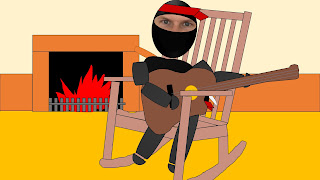 Stinky Ninja is playing guitar in a rocking chair