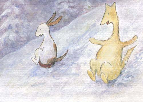 Mäenlasku vierekkäin / Sliding together Postcard illustration of Hulmu Hukka and Haukku Spaniel sliding on a snowy hill in a winter evening