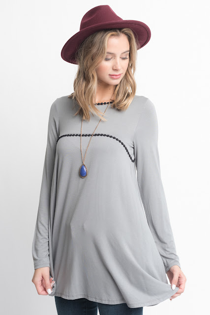 Shop for Grey pom pom trim long sleeve jersey tunic top on caralase.com