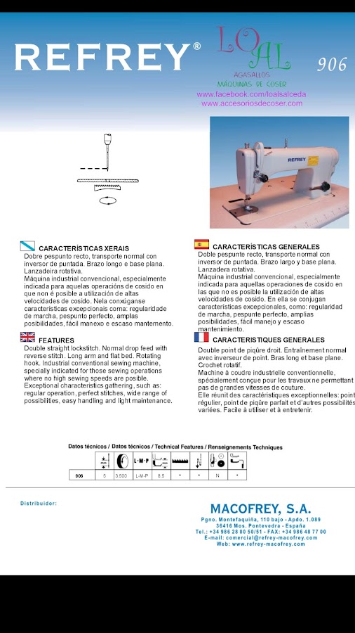 Máquina de coser Refrey 906, refrey 906, máquinas refrey , refrey vigo