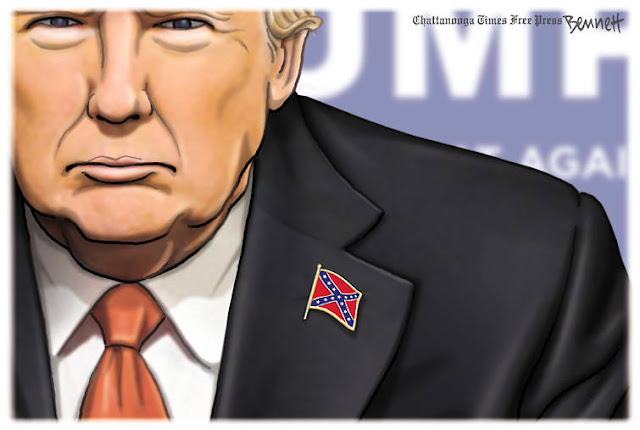 Picture of Donald Trump with Confederate flag lapel pin.