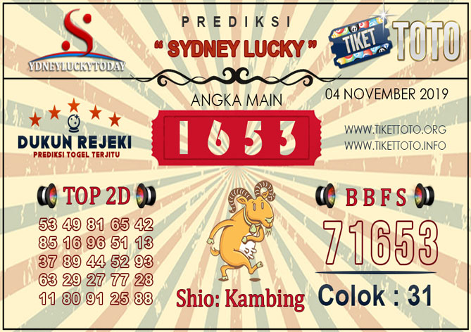 Prediksi Togel SYDNEY LUCKY TIKETTOTO 04 NOVEMBER 2019