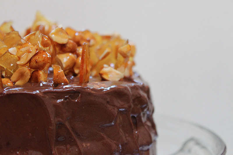Pappardella Chocolate Peanut Butter Layer Cake with Peanut Brittle