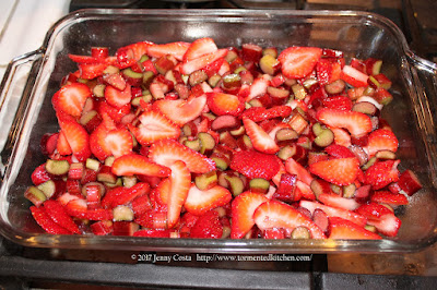 image of rhubarb mixture spread in baking dish