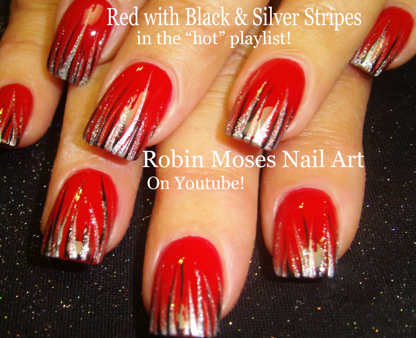 Nail Art by Robin Moses Red Nails with Black and Gold Stripes! Fall
