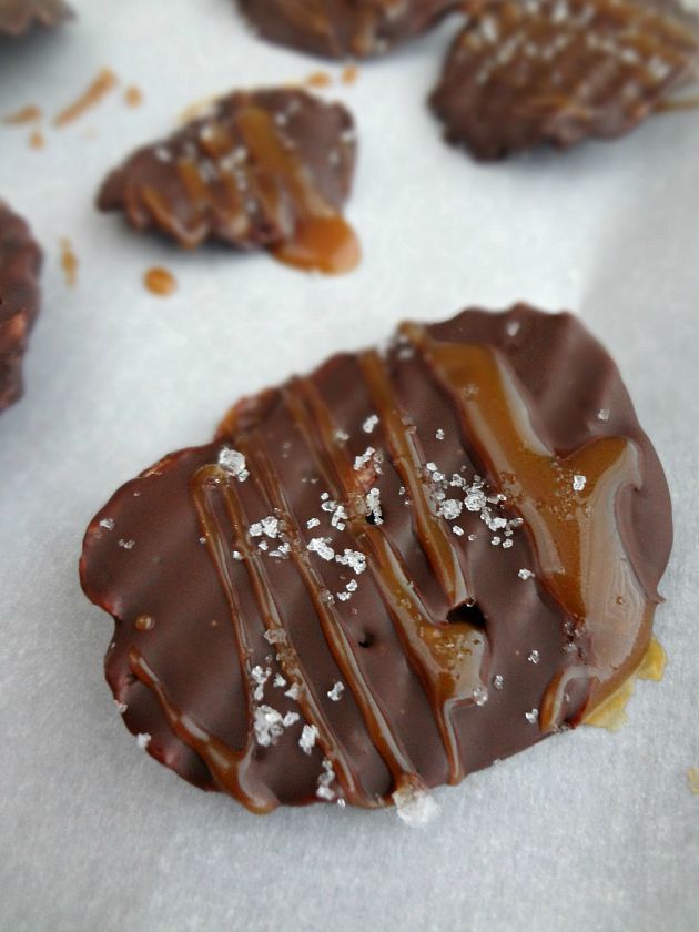 Chocolate Covered Potato Chips with Salted Caramel Drizzle