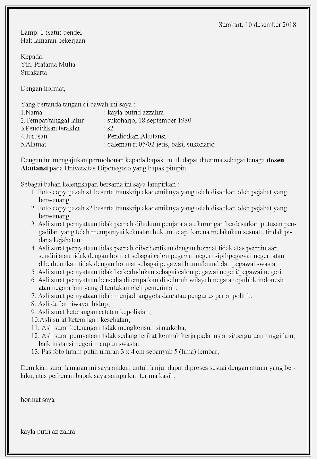Contoh surat lamaran kerja dosen di Pratama mulia Surakarta